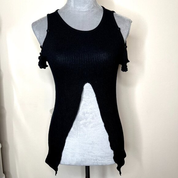 Sweater Knit Button Shirt Size Medium Short Sleeve Crop Top Cut Out Womens 90s S - Picture 3 of 9